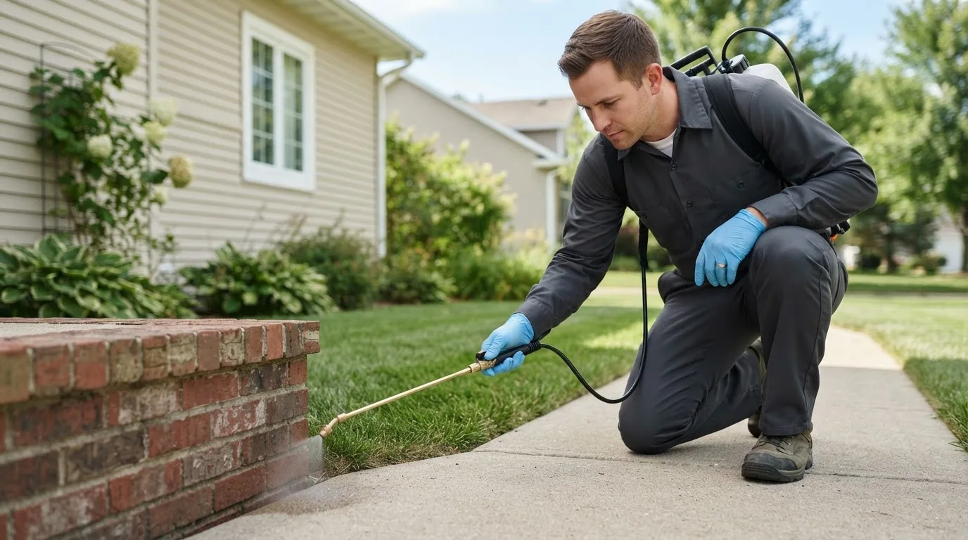 Pest control technician treating a home near Everson, PA